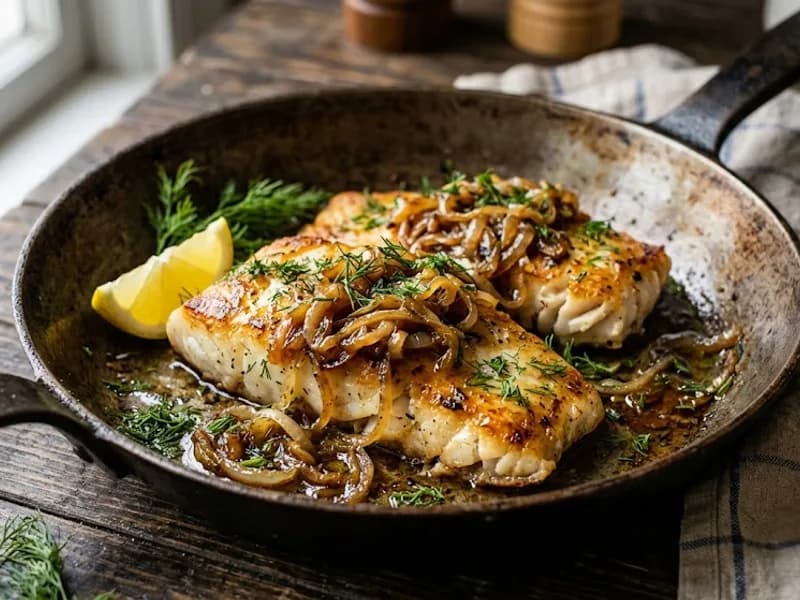 Рыба на сковороде с луком